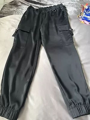 H&M Black Satin Cargo Trousers 14 NWT • £10