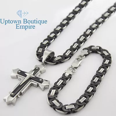 24  Men Stainless Steel Silver Black Cross Pendant Box Chain Necklace Bracelet  • $37.99