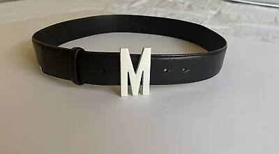 Moschino White Logo M Belt In Iridescent Black Calfskin Women’s Size 44 • $120