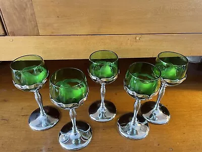 Cambridge Farberware Vintage Metal Stem Green Cordials Set Of 5 • $38