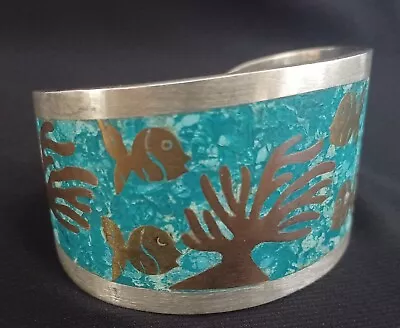 Vintage Crushed Turquoise Wide Cuff Bracelet Solid 925 Sterling Silver 61g • $149.99