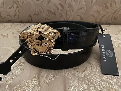 $550 Versace Men's Black Gold Medusa Head Calf Leather Belt Size 32/80cm • $265