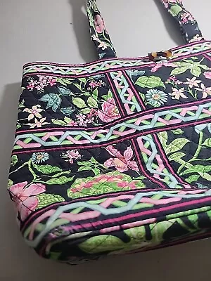 VERA BRADLEY Botanica Shoulder Bag Crossbody Tote Black Pink Green Floral 20X12 • $18