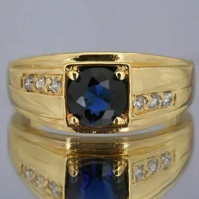 Silver 2.0Ct In Lab Created Blue Sapphire Men's Ring With 14K Yellow Gold Plated • $189.99