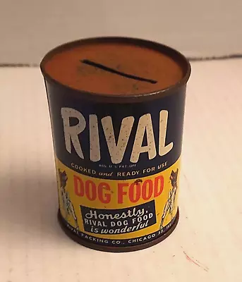 Vintage RIVAL Dog Food Tin Can Coin Piggy Bank Promotional Advertising • $12.99