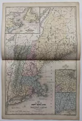 1858 Old Tinted Map New England Eastern States Mitchell School Family Geography • $30