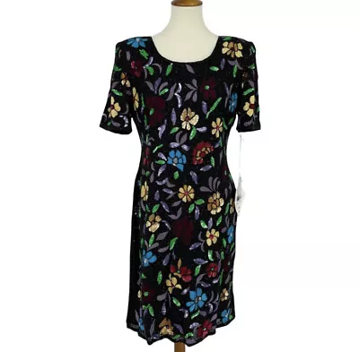 Vintage Dead Stock Diane Freis Sz 10 Sequin Silk Cocktail Dress Black Flowers • $75