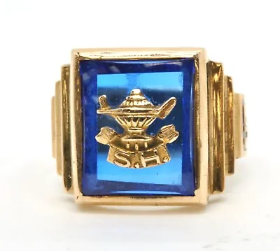 10k Men's Yellow Gold Blue Stone S.H Lamp 1940 Class Estate Ring Size 5.5 • $299.99