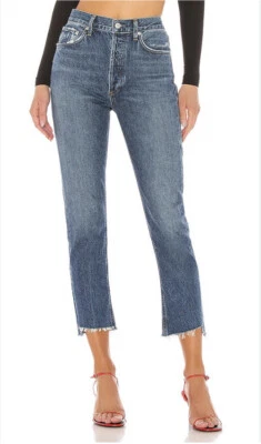 £44.24 • Buy AGOLDE Riley High Rise Straight Button Fly Distressed Hem Medium Wash Crop Sz 27