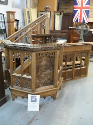 £1450 • Buy Rare Antique Oak Church Pulpit Heavily Carved Panel Balcony Staircase & Lectern 