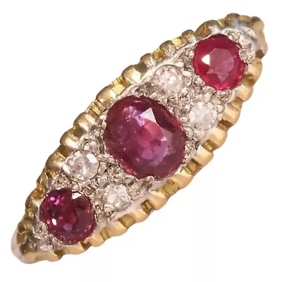 18ct Gold Three Stone Ruby Ring Size L With Single Cut Diamonds 4.8g • £867