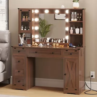 Makeup Vanity Desk With Mirror And Lights Farmhouse Vanity Table With 6 Drawers • $239.97