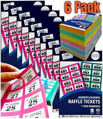 6 Books Of 1-1000 Cloakroom Raffle Tombola Draw Tickets Numbered Mixed Colours • £12.99