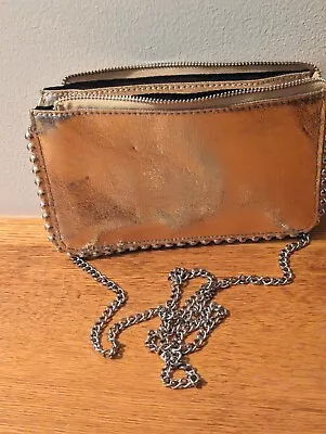 NEW Zara Lame Gold Clutch W/Silver Beaded Edges And Chain ~Bag Handbag Purse.  • £27.72