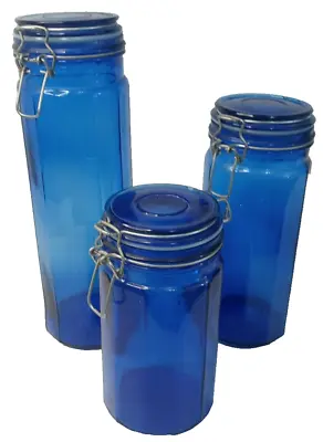 3 Handblown Cobalt Blue Glass Jars Hinged Clamp On Lids Seals Wire Bail Storage • $49.95