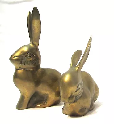 Vintage Brass Bunny Rabbit Figurine Patina 1 Pair Made In Korea 4.75  & 3.75 Tal • $18