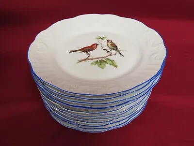 $495 • Buy 12 VA Vista Alegre Portugal Porcelain Bird Birds Salad Plates Blue Trim
