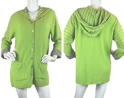 Margaret Winters Hooded Cardigan Nubby Cotton Striped Contrast Cuffs Green Sz S • $22