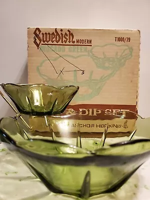 Sale! Was 30 Vtg Mcm Avacado Green Swedish Modern 3pc Chip N Dip Set Box 1960s • $24