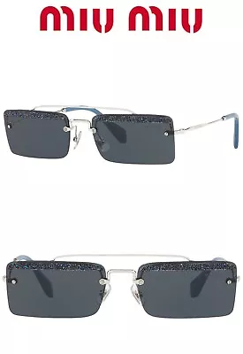 MIU MIU SOCIETE SMU59T KJT-2K1 SILVER BLUE GLITTER SQUARE SUNGLASSES. 58 Mm • $119.99