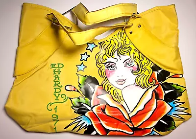 Vintage Ed Hardy Large Yellow Nylon Tote Bag 1971 Veronica Rose Pin Up Tattoo • $22.95