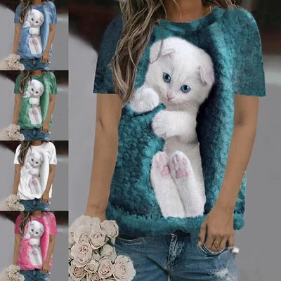 $24.97 • Buy Womens Short Sleeve Cat Print T Shirt Tops Ladies Casual Baggy Summer Tunic Tee