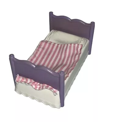 Vtg Fisher Price Loving Family Doll House Purple Bed W/ Striped Print Comforter • $9.89