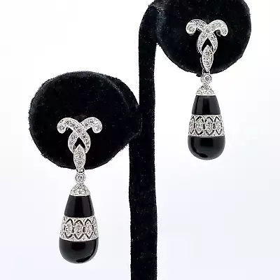 Vintage 18k White Gold Diamond Onyx Dangle Drop Art Deco Style Earrings • $600