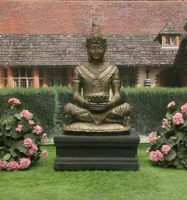   Large Bronzed Thai Buddha Statue And Plinth Garden Patio Ornament Feature • £322.25