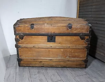 Antique Dome Top Wood Iron Steamer Trunk Chest Early American • $360