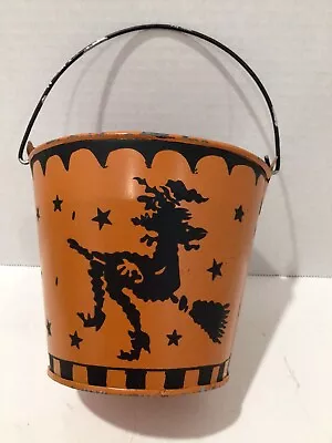 Vintage Halloween Tin Bucket Orange Black Trim Witch • $24.89