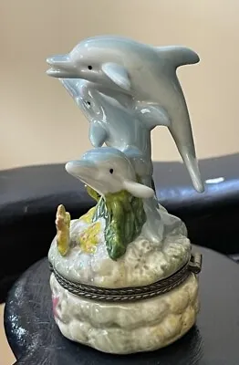 Hinged Porcelain Trinket Box Leaping Dolphin Whale Family Orca Ocean Sea Beach • $25