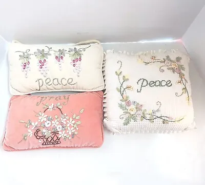 Vtg  Peace Pray Velvet Floral Small Pillow Silk Ribbon Embroidery Shabby Decor • $23.99