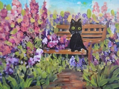 ACEO ATC  Sketch  -  BLACK CAT IN THE GARDEN  Art   *****  SALE!! • $9.99