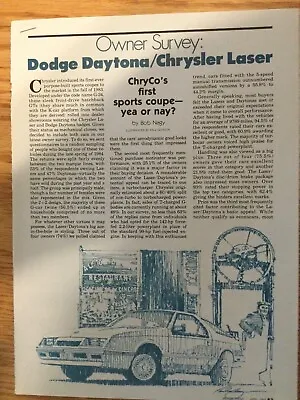 CHRY335 Article Owner Survey 1984 Chrysler Laser & Dodge Daytona Apr 1985 3 Page • $14.99