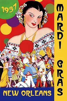 1937 New Orleans Mardi Gras Carnival Season Pierrot Vintage Poster Repro FREE SH • $28.64