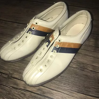 Vintage Striker Bowling Shoes Beige/Cream Navy & Caramel Stripe Size 8 • $41