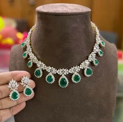$131.19 • Buy Gold Plated Indian Bollywood CZ AD Jewelry Necklace Earrings Green Emerald Set