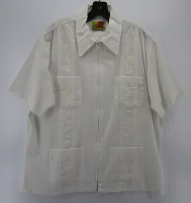 VINTAGE Guayabera Shirt Men XL White Haband Cuban Embroidered Pockets Zip Up 90s • $26.99