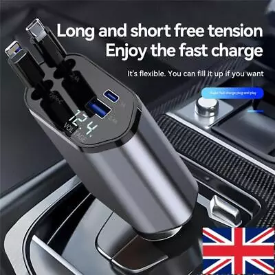 4IN1 100W Retractable Car Charger USB Type C Cable For Phone Fast Charge Adapter • £14.95