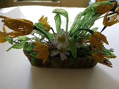 Vintage-One Of A Kind- French Glass Beaded Flower Bouquet In Basket-Preowned. • $85