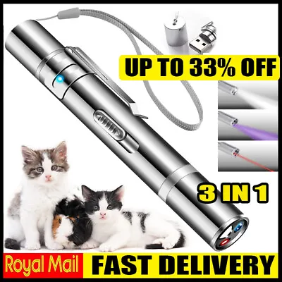 3 In 1 Cat Laser Pointer Pen Toy USB Rechargeable Mini Torch Red Beam UV Light. • £4.44