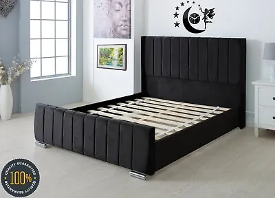 Luxury Velvet Panel Winged Bed Frame Sleigh Line Down Design Upholstered Black • £255.43