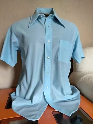 VTG 70's  Fashion Knits  Sky Blue Textured Knit/Mod Collar S/S Shirt 15 1/2 • $39.99