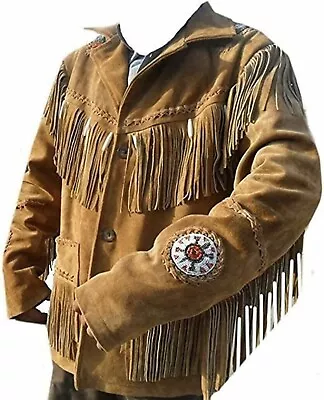 MensTraditional Buckskin Cowboy Suede Leather Jacket Western Coat Fringe/Beads • $131