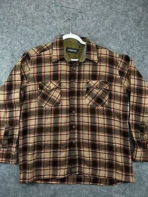 ENVOY Vintage Button Up Shirt Mens Large Neck 17 Brown Plaid Long Sleeve Work • $15.99