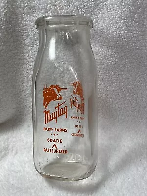 Maytag Dairy Newton Iowa Half Pint Milk Bottle Clear No Dings Or Chips. • $49.99