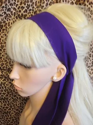 PLAIN PURPLE COTTON FABRIC HEAD SCARF HAIR BAND SELF TIE BOW 50s 60s RETRO STYLE • £4.99