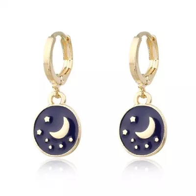 Gold Mini Enamel Blue Moon And Stars Hoop Earrings • $4.99