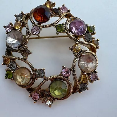 Vintage Monet Gold Tone Rhinestone Wreath Brooch Pin Multi-Color Signed Read • $9.99